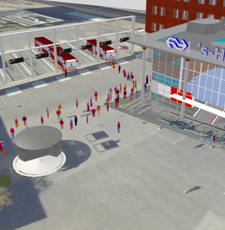 Beeld uit simulatietool Hub Dynamics geeft een bovenaanzicht van busstation 's Hertogenbosch weer