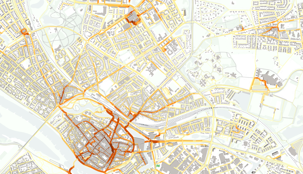 Intensiteiten voetgangers weergegeven in een kaartbeeld