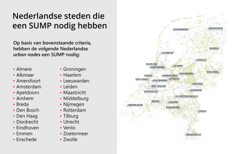 De volgende Nederlandse steden hebben een SUMP nodig: Almere, Alkmaar, Amersfoort, Amsterdam, Apeldoorn, Arnhem, Breda, Den Bosch, Den Haag, Dordrecht, Eindhoven, Emmen, Enschede, Groningen, Haarlem, Leeuwarden, Leiden, Maastricht, Middelburg, Nijmegen, Rotterdam, Tilburg, Utrecht, Venlo, Zoetermeer, Zwolle
