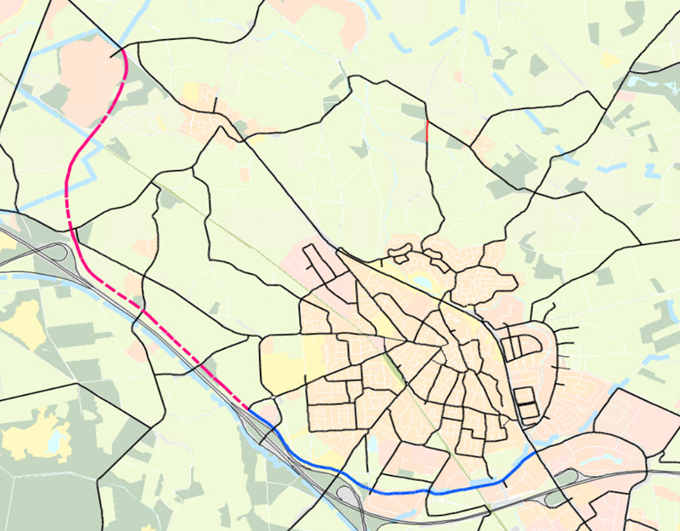  De bestaande zuidelijke randweg (blauw) en de Vloedbeltverbinding (rood)
