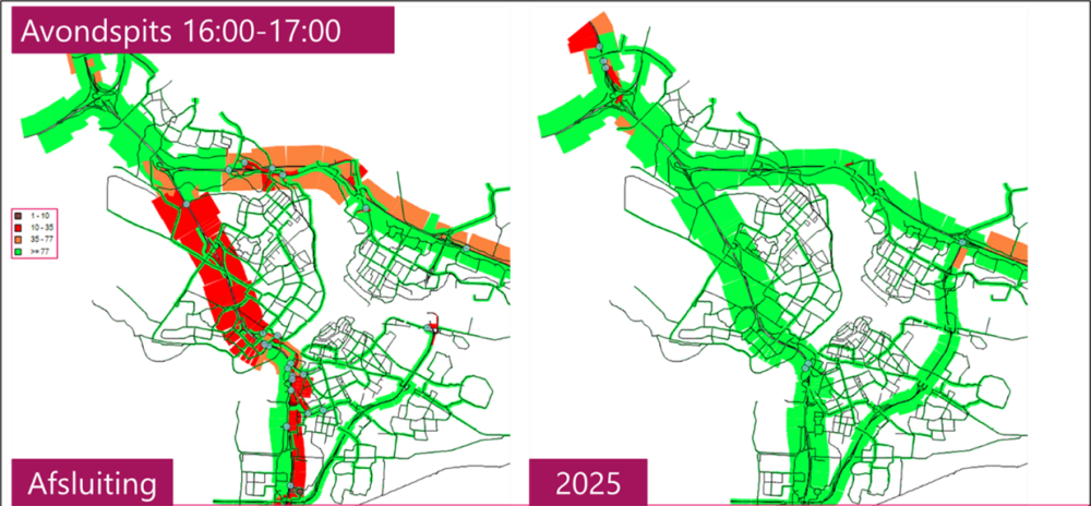 Filebeeld in de avondspits van 2025 met afsluiting van de Papendrechtsebrug (links) ten opzichte van de reguliere avondspits (rechts)