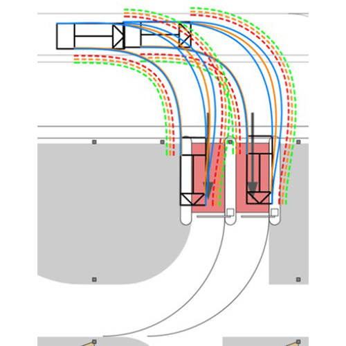 Rijcurvesimulatie: ontwikkeld met CURSIM, haalbaarheid van bochten en inrijden/verlaten van entree 