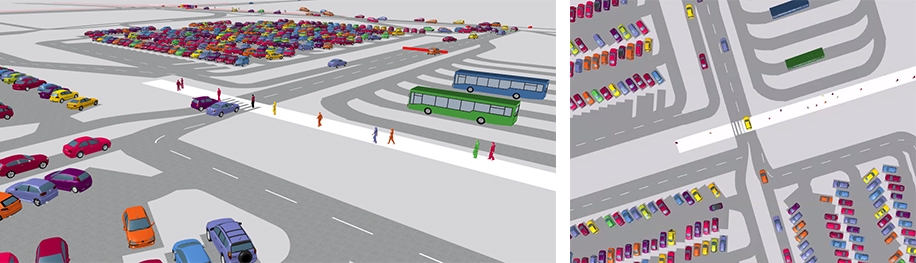 Schematische weergave boven- en zijaanzicht van voetgangerssimulatie