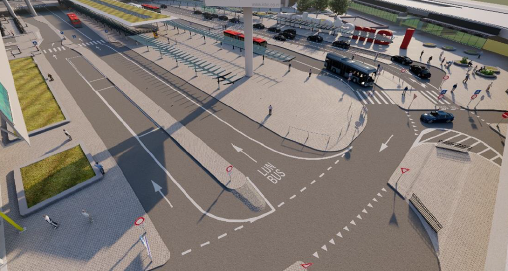 Bovenaanzicht van de wayfinding voor bussen op het busstation op Schiphol Plaza