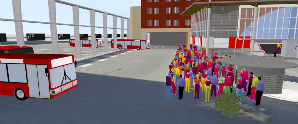 Beeld uit Hub Dynamics geeft wachtende reizigers op het busstations 's-Hertogenbosch weer