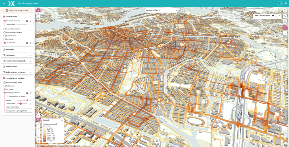 Voetgangersstromen in Amsterdam weergegeven in een kaart in het Mobiliteitsspectrum
