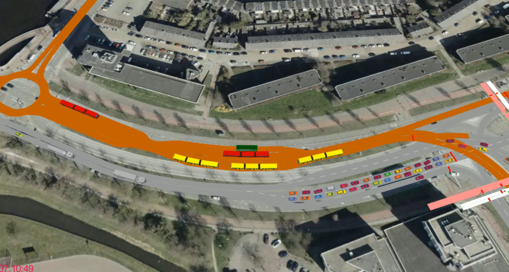Gesimuleerd beeld van busstation Haarlem Nieuw-Zuid met simulatietool Hub Dynamics