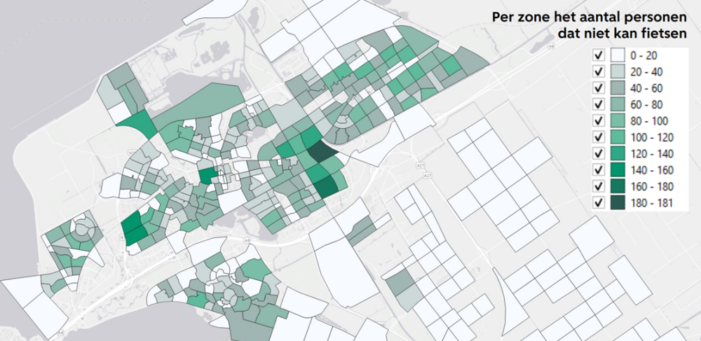 Een kaart die laat zien hoeveel personen niet kunnen fietsen per zone