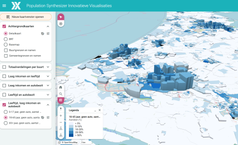 Dashboard van 'Population Synthesizer Innovatieve Visualisaties' met een 3D-kaart van Nederland en een instellingenmenu aan de linkerkant.