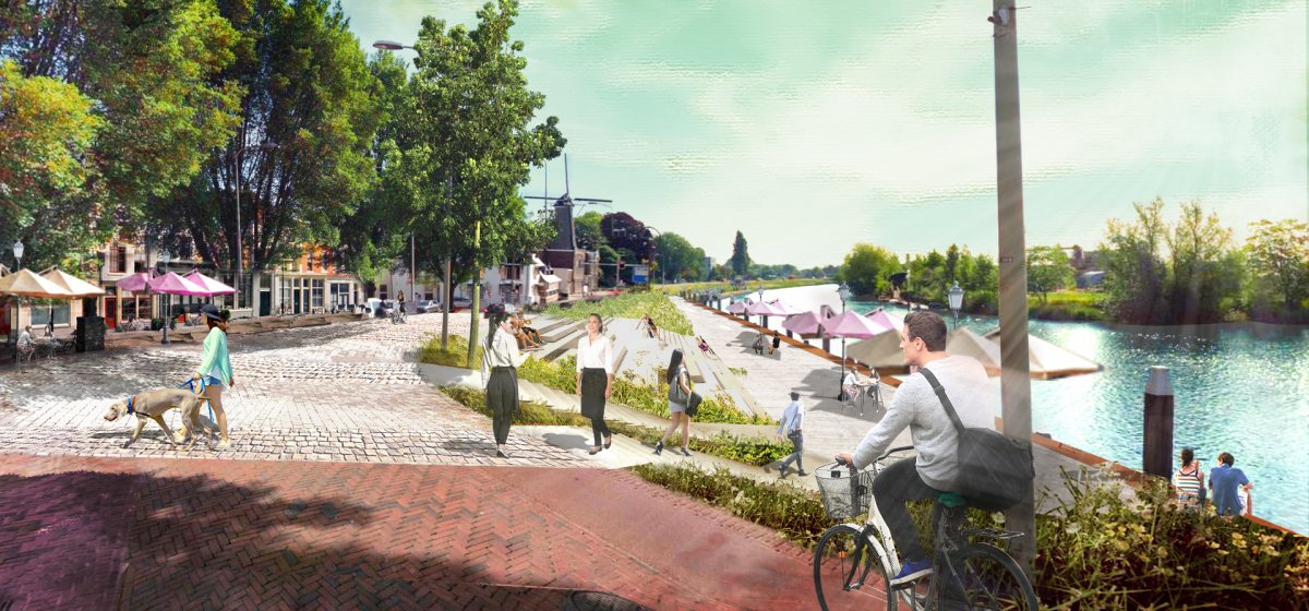 Een groene, aantrekkelijke kade waar mensen kunnen ontspannen, wandelen en fietsen