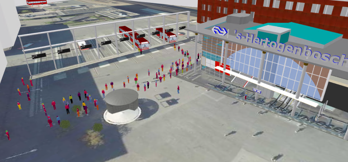 Beeld uit simulatietool Hub Dynamics geeft een bovenaanzicht van busstation 's Hertogenbosch weer